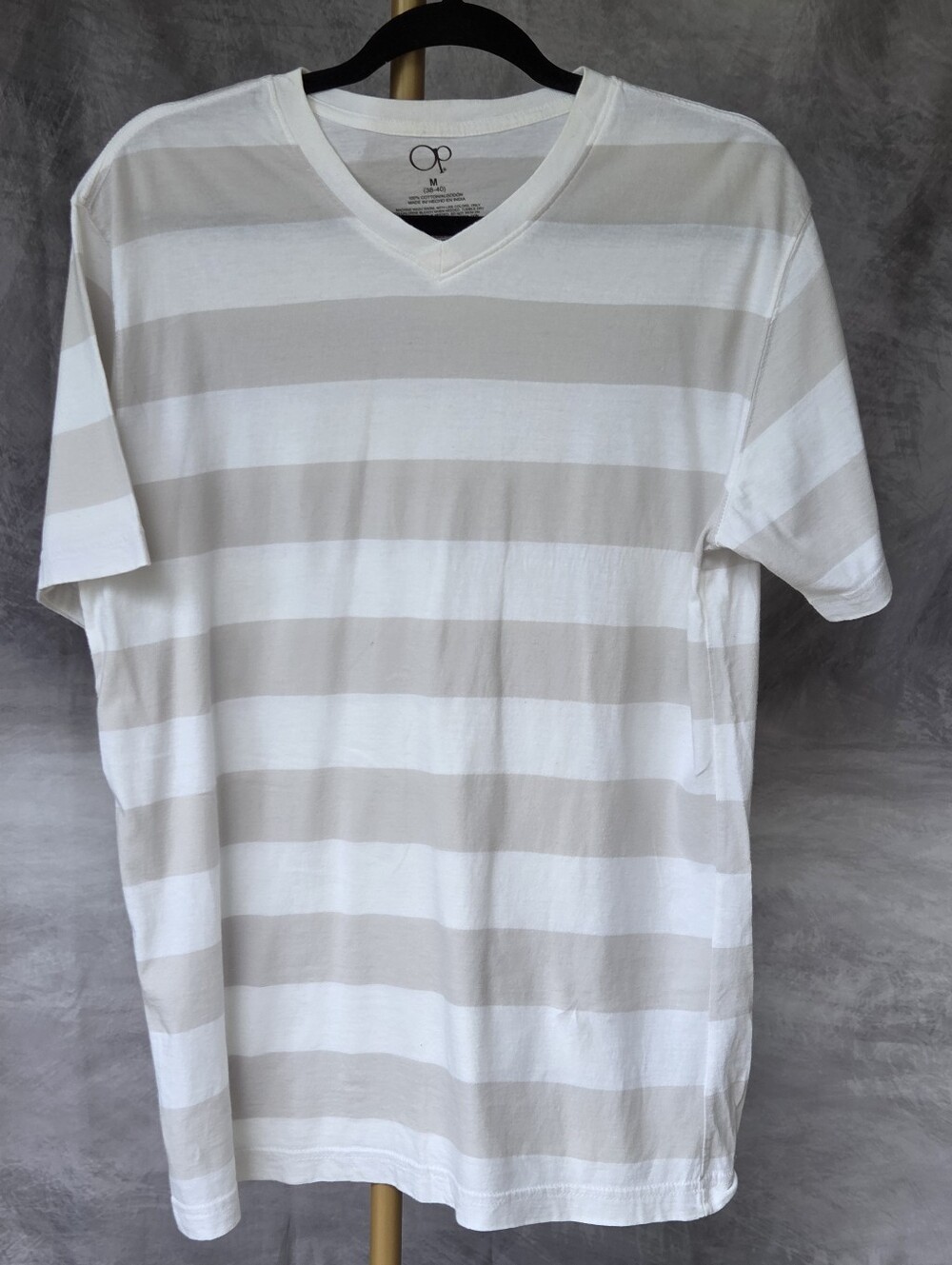 OP Men's Striped Banded V-Neck T-Shirt Light Gray & White Size M - NWOT